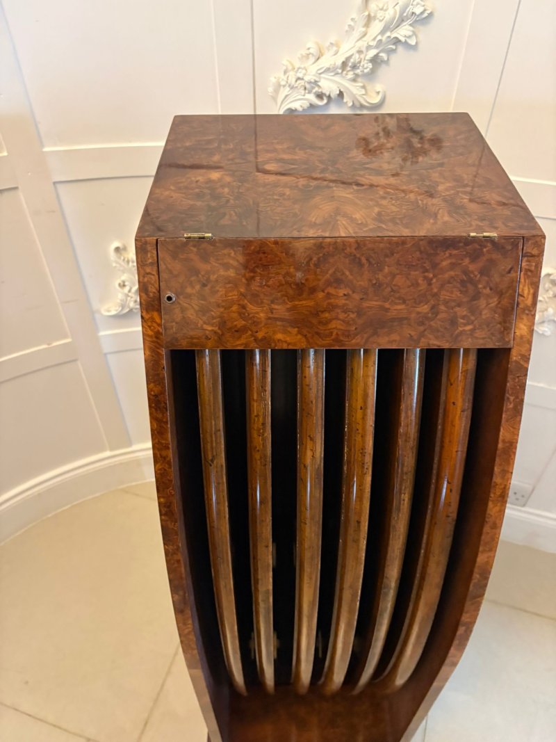 Antique Exceptional Quality Burr Walnut Circular Extending Dining Table Seating 10 with Radial Leaves & Matching Burr Walnut Leaf Holder - Image 15